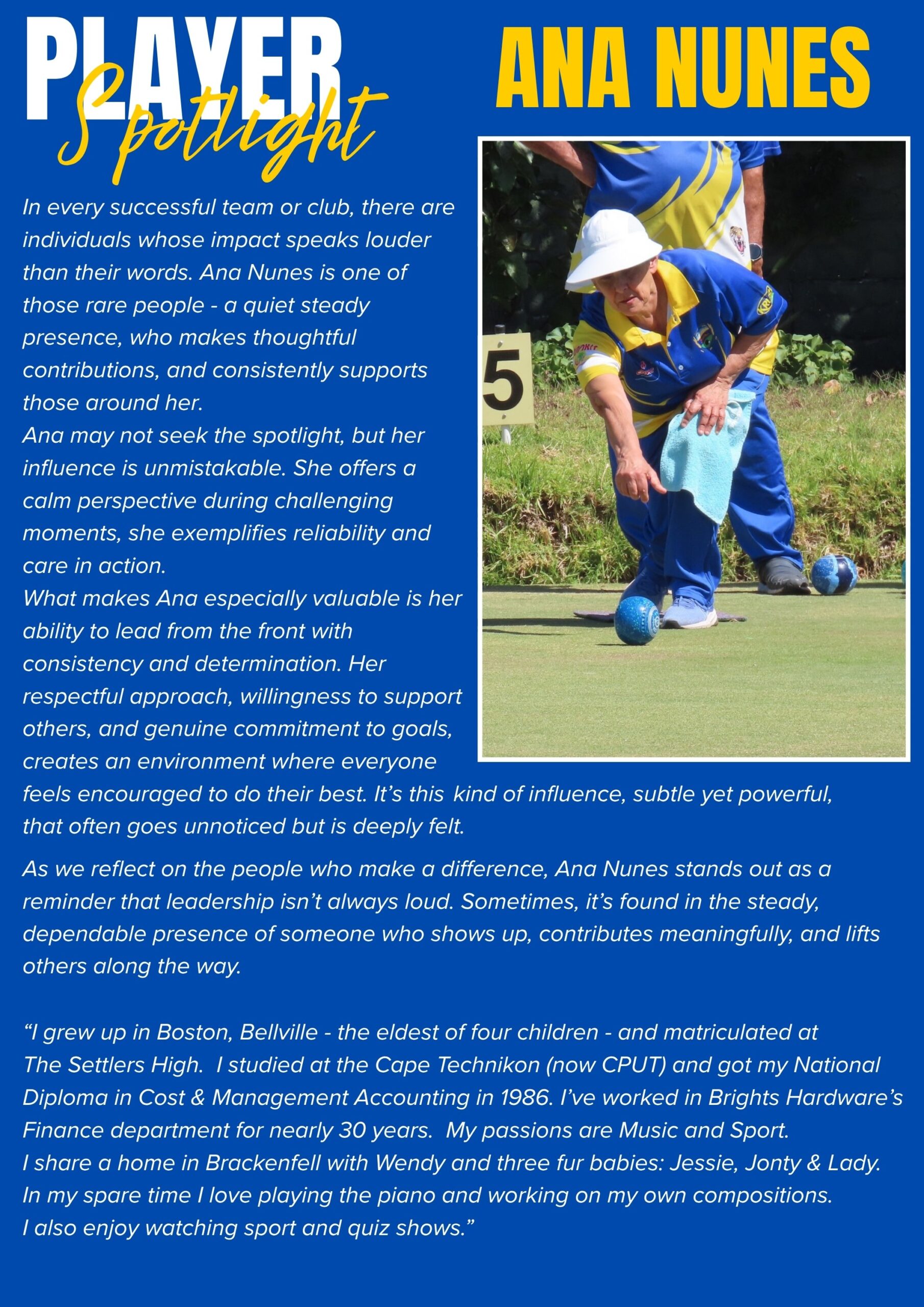 Ana Nunes delivering a bowl during a lawn bowls match, wearing a blue and yellow uniform, featured in a Player Spotlight graphic.