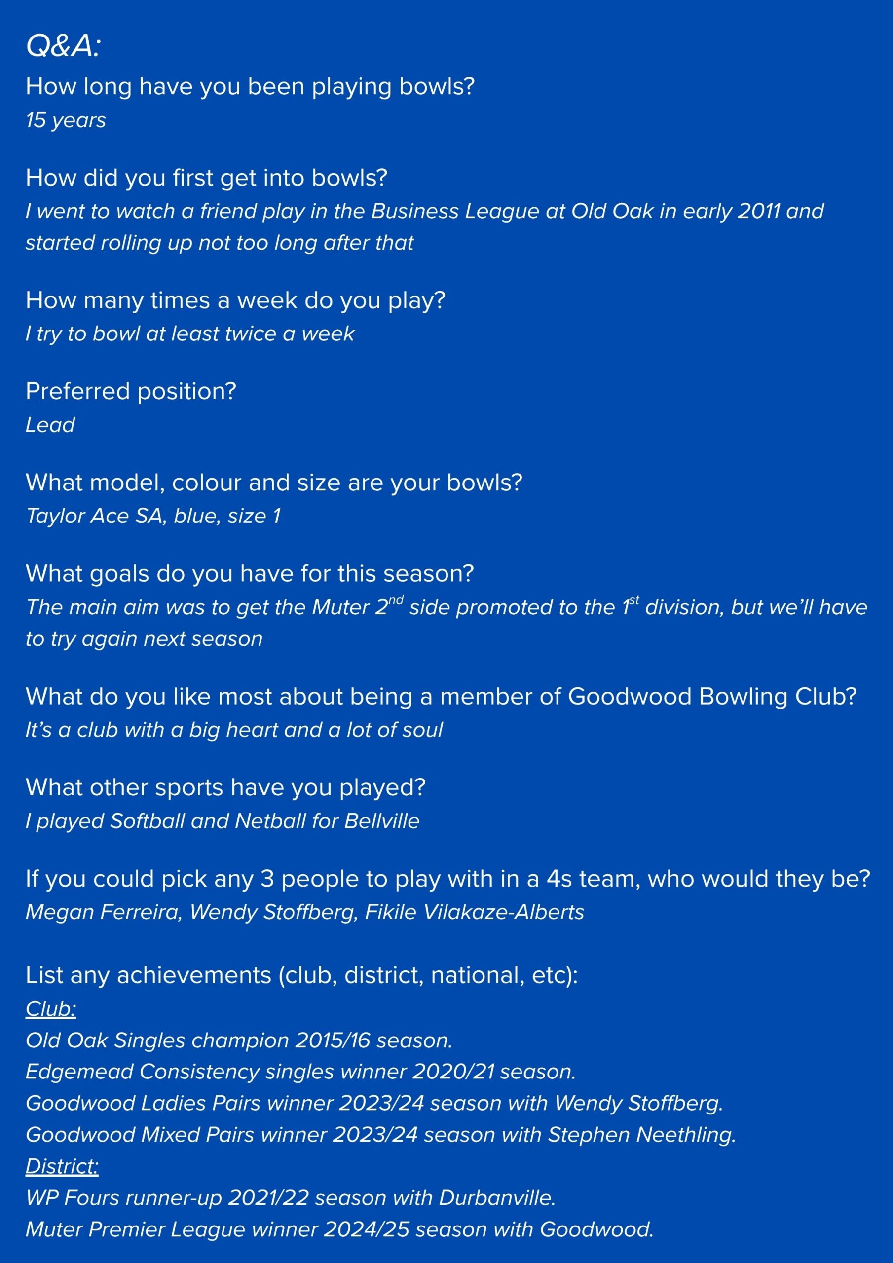Lawn bowls player Ana Nunes Q&A profile highlighting her experience, achievements, and role at Goodwood Bowling Club.